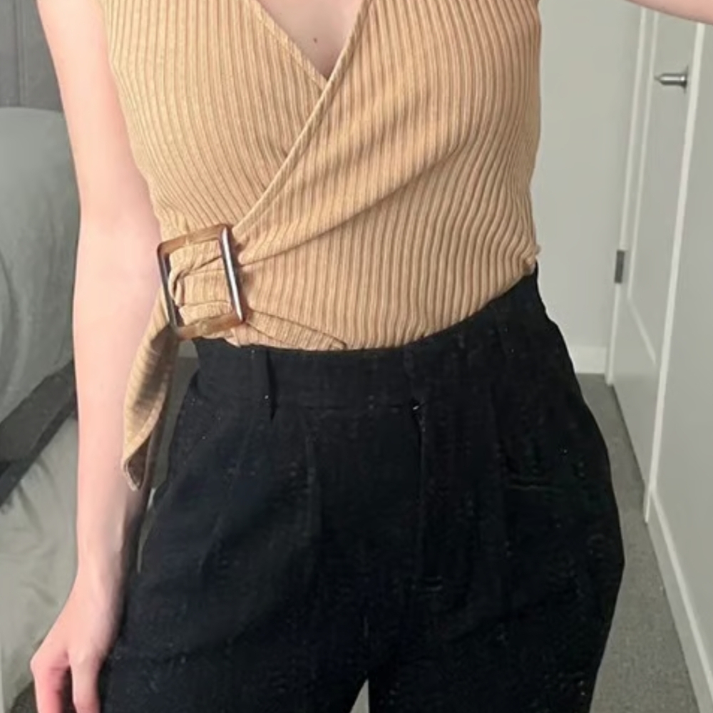 Express Camel Ribbed Wrap Top - Picture 2 of 2